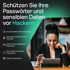 Frau mit Tablet, Cybersecurity-Text