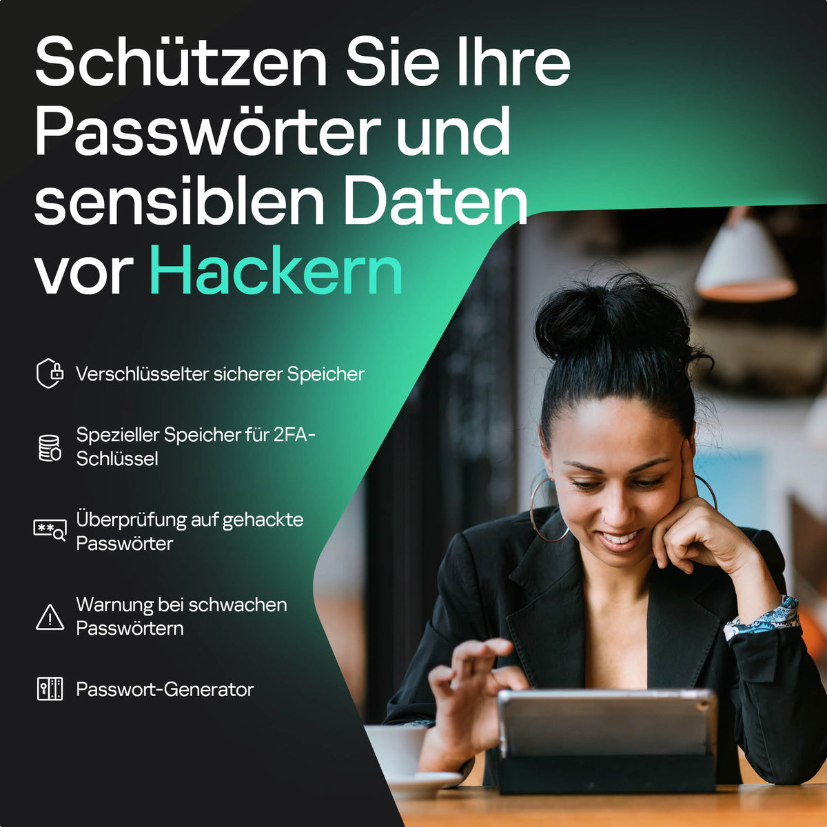 Frau mit Tablet, Cybersecurity-Text