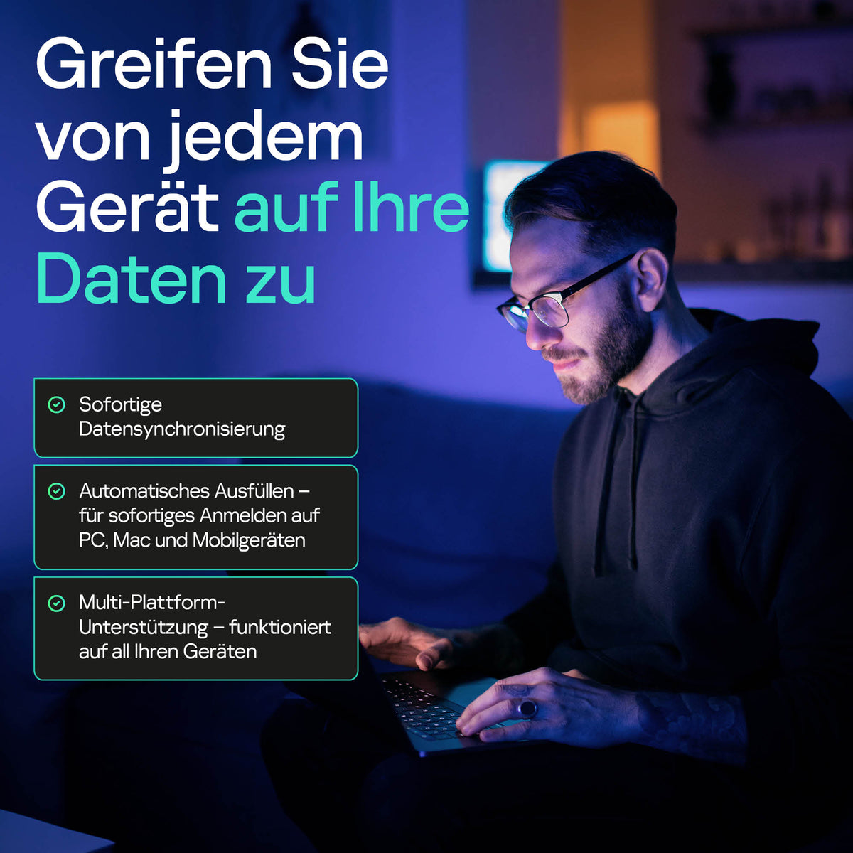 Mann mit Laptop, Cybersecurity-Text