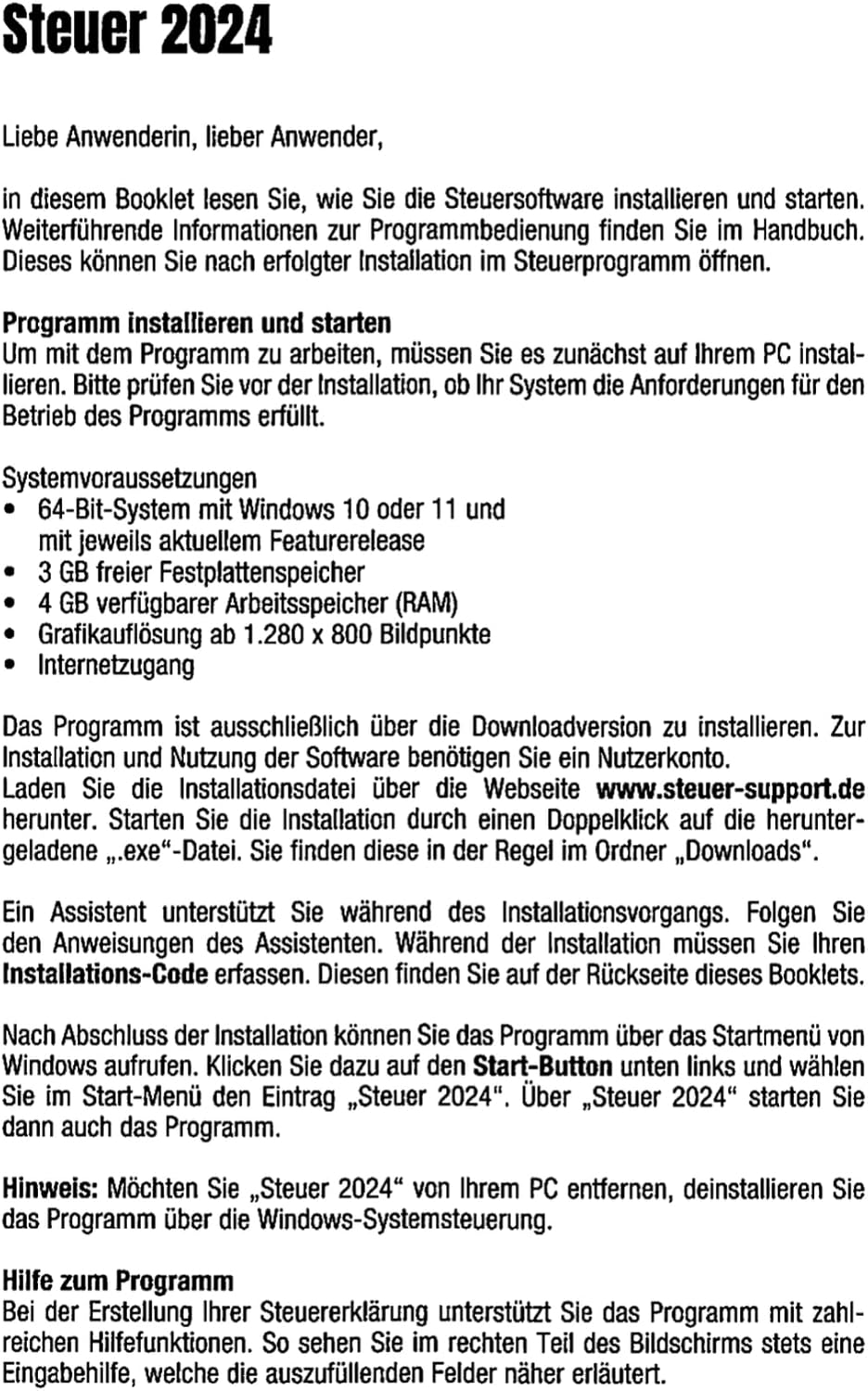 Text über Steuerprogramm-Installation