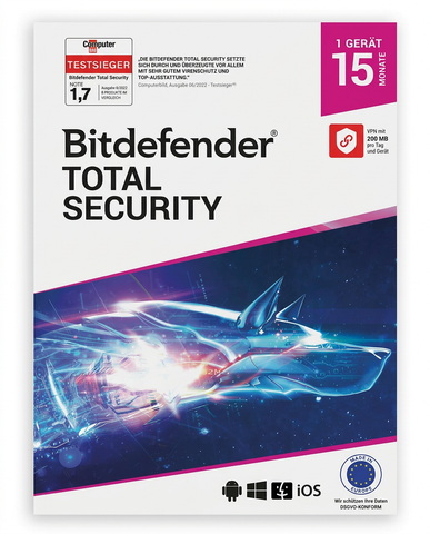 Bitdefender Total Security Multi Device 2026 - 2027  | 1  Gerät | 15 Monate | PC/Mac | Aktivierungscode per Email