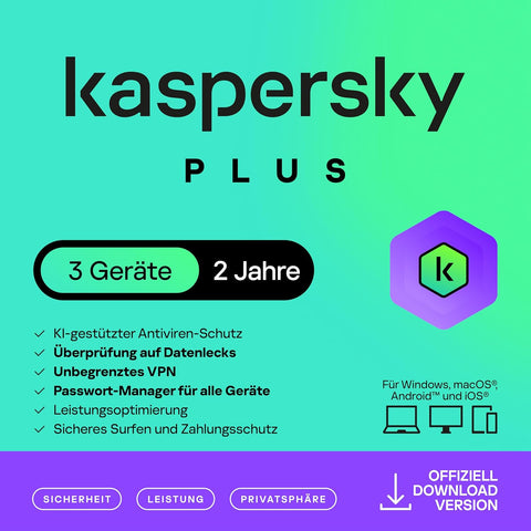 Kaspersky Plus für 3 PCs mit 2 Jahren Laufzeit. Original Lizenz, sofortiger Download nach Kauf