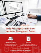 Schreibtisch mit Datenschutz-Software-Werbung