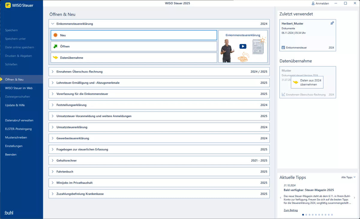 Steuersoftware-Benutzeroberfläche mit Menüliste