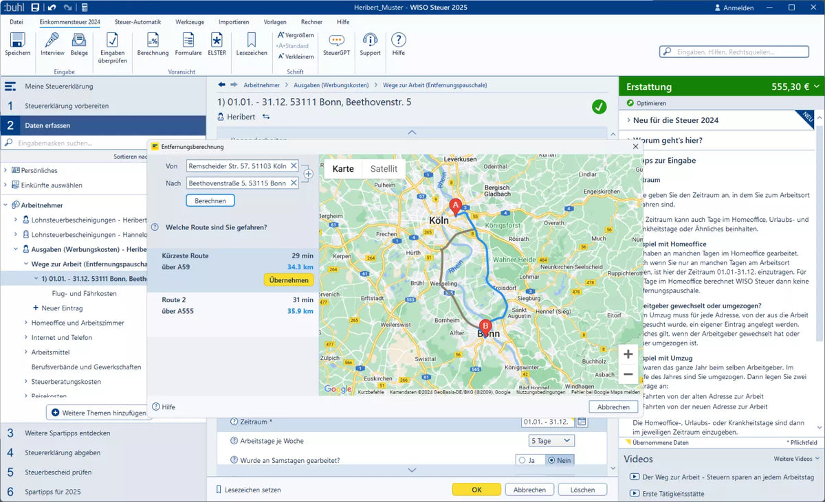Navigationssoftware mit Kartenansicht und Route